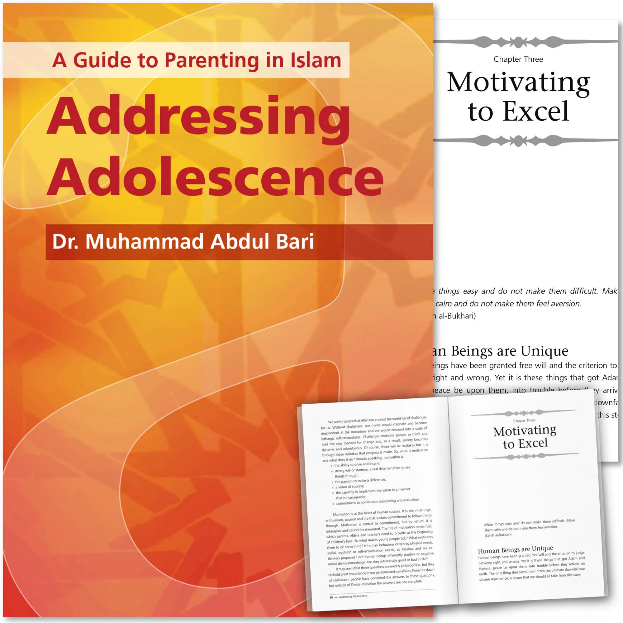 Front cover with Inner spread of Addressing Adolescence by Muhammad Abdul Bari. Muslim teen parenting guide by Ta-Ha Publishers