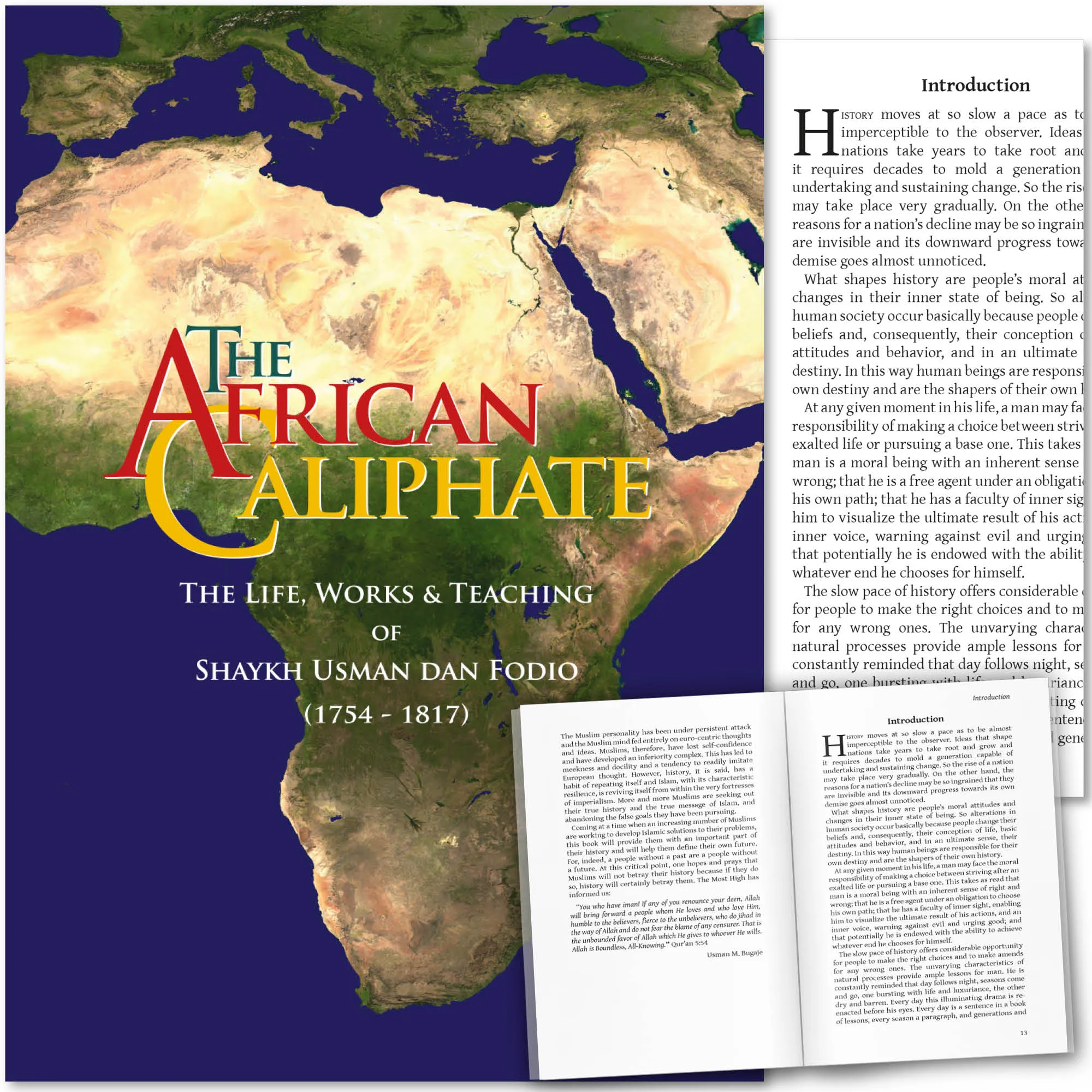 Front cover with Inner spread of The African Caliphate, The Life, Works and Teaching of Sheikh Usman Dan Fodio by Ibraheem Sulaiman. African Islamic history by Ta-Ha Publishers