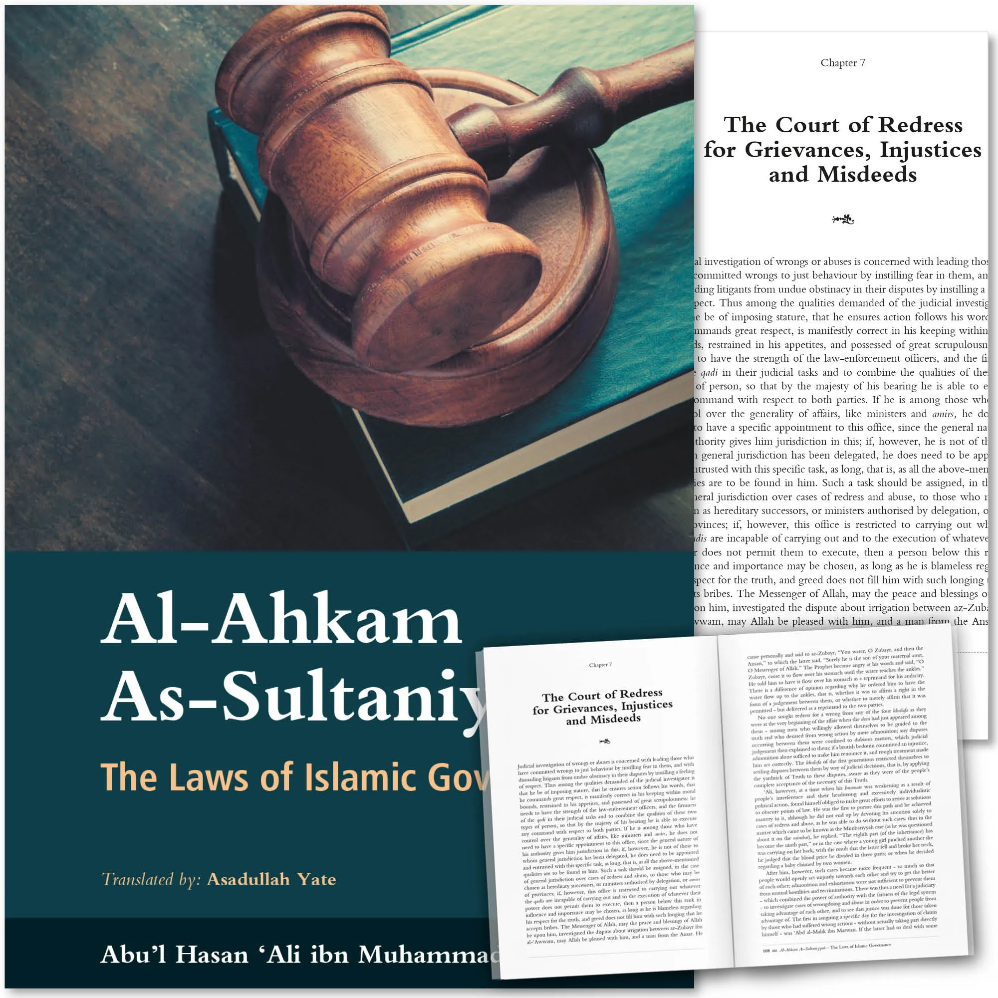 Front cover with Inner spread of Al Ahkam As-Sultaniyyah by Abu’l Hasan ‘Ali al-Mawardi, Dr Asadullah Yate. Islamic governance book by Ta-Ha Publishers