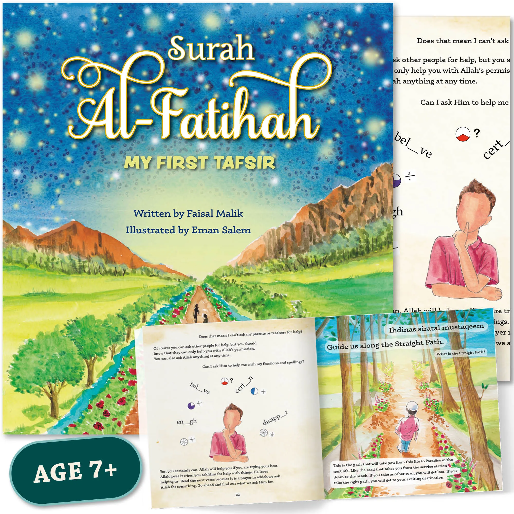 Front cover with Inner spread of Surah Al-Fatihah by Faisal Malik. Children’s Fatihah tafsir by Ta-Ha Publishers