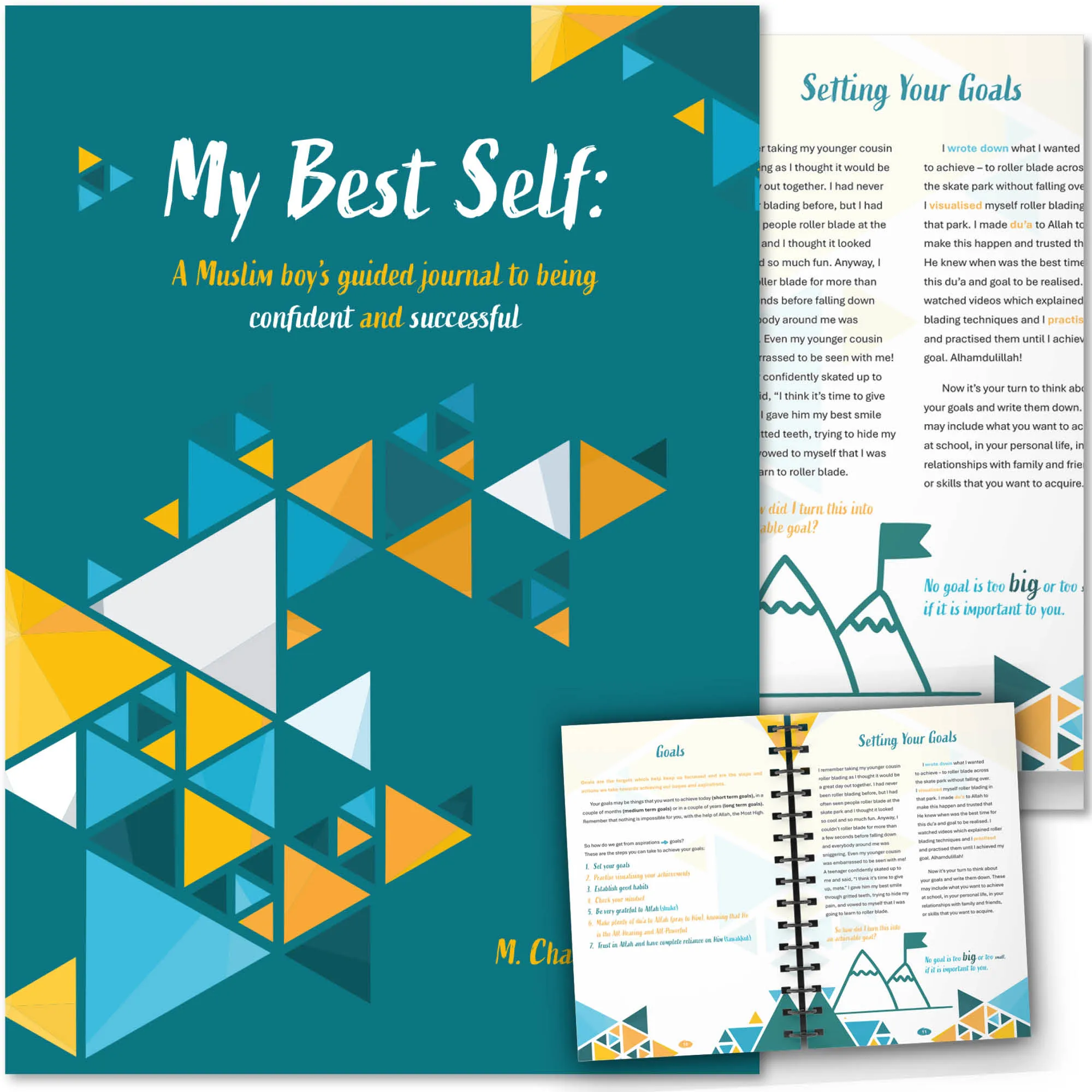 Front cover with Inner spread of My Best Self (Boys) by M. Chaudhry. Islamic teen boys journal by Ta-Ha Publishers