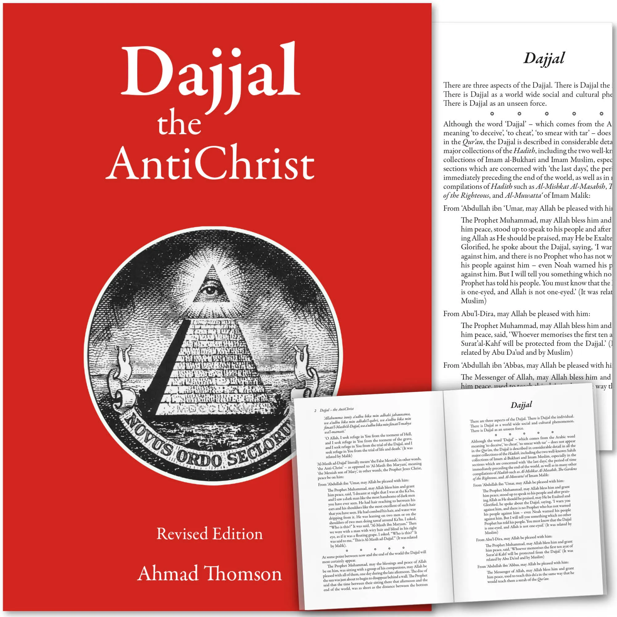 Front cover with Inner spread of Dajjal the AntiChrist by Ahmad Thomson. Commentary on modern world order by Ta-Ha Publishers