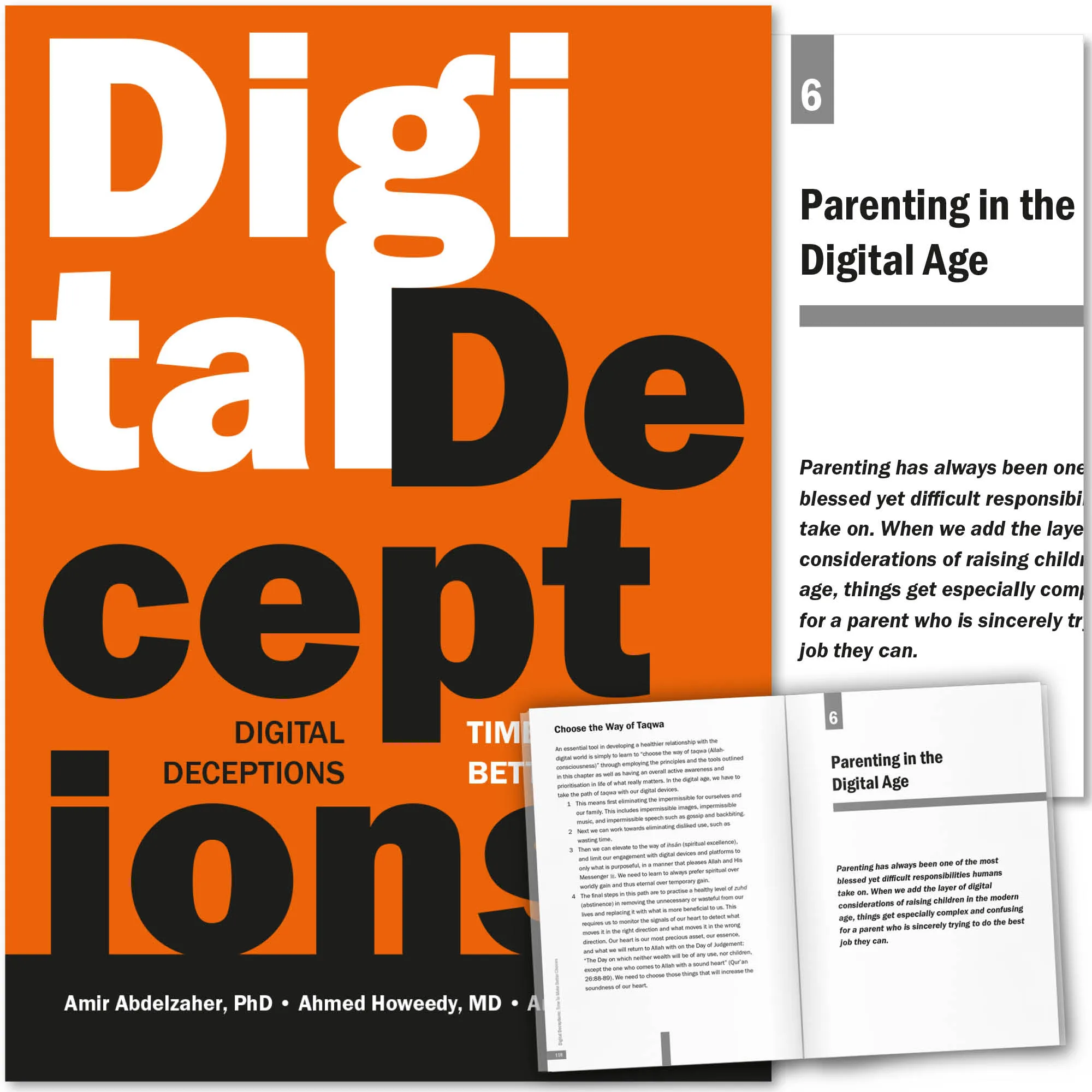 Front cover with Inner spread of Digital Deceptions by Abdelzaher, Howeedy, Qureshi. Islamic smartphone usage guide by Ta-Ha Publishers