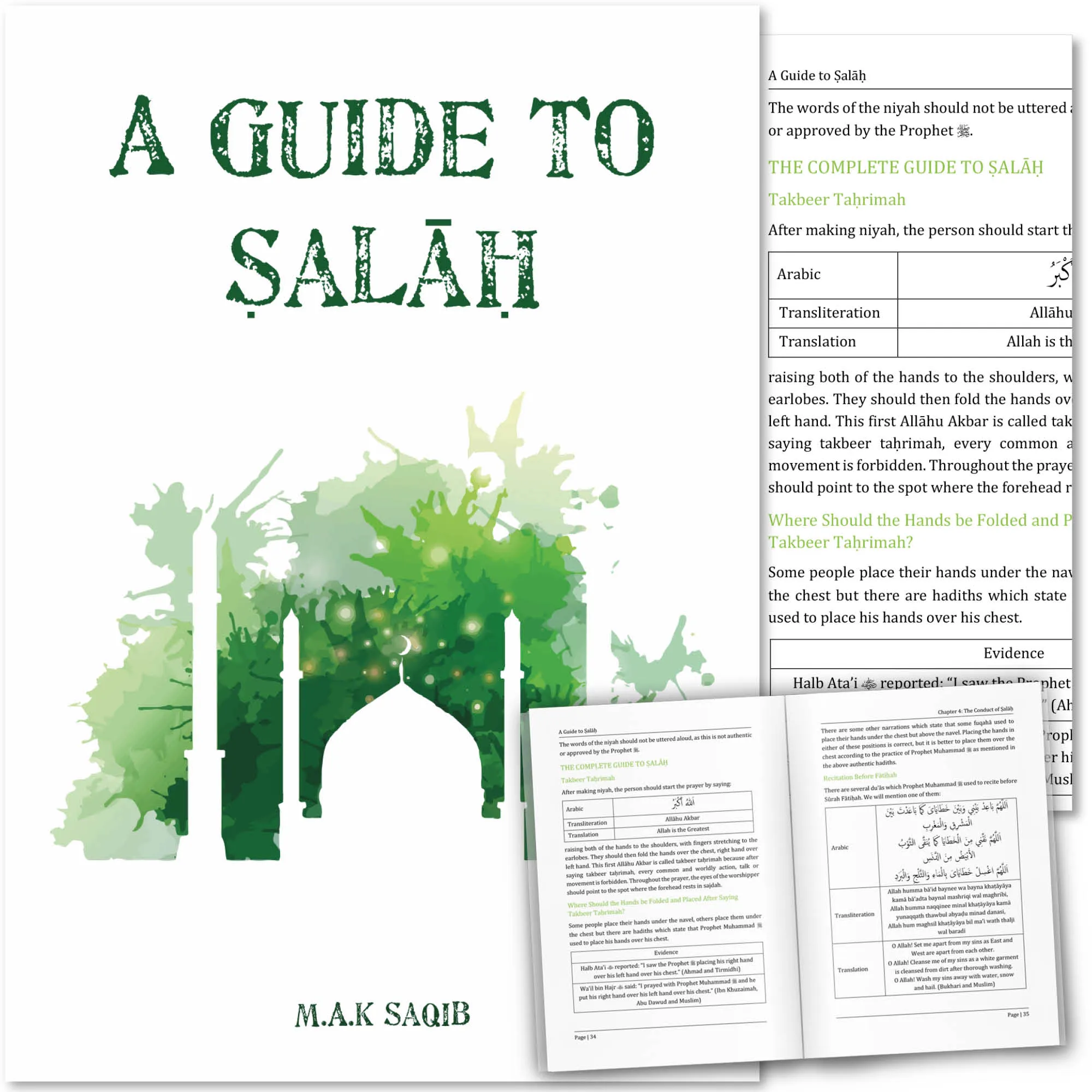 Front cover with Inner spread of A Guide to Salah by M. A. K. Saqib. Step-by-step prayer guide by Ta-Ha Publishers