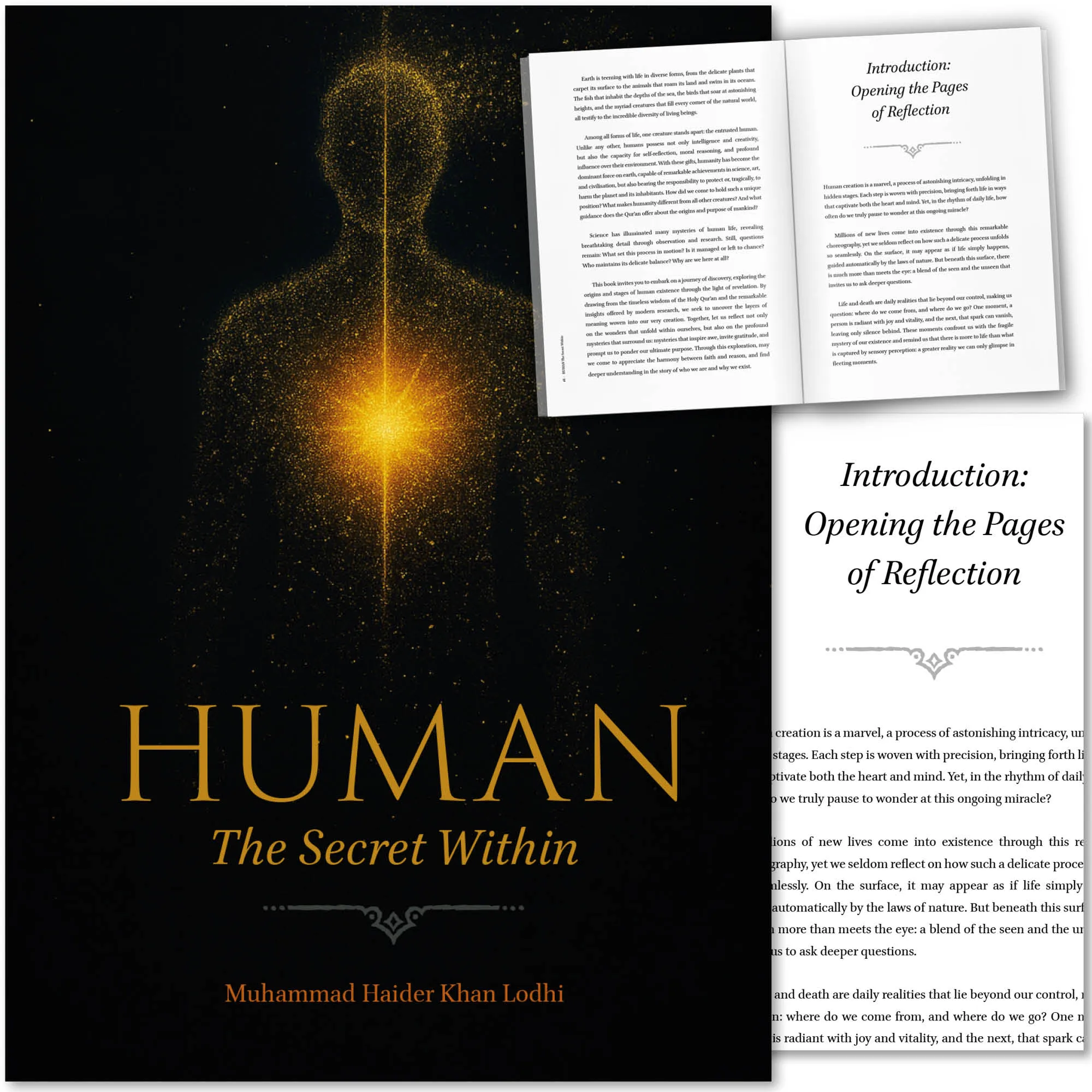 Front cover with Inner spread of Human: The Secret Within | Muhammad Haider Khan Lodhi. Islamic guide to human purpose by Ta-Ha Publishers