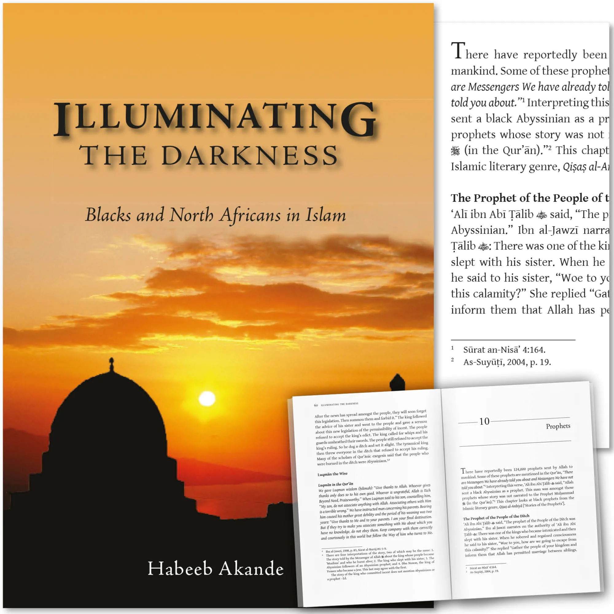 Front cover with Inner spread of Illuminating the Darkness, Blacks and North Africans in Islam by Habeeb Akande. Black Islamic history by Ta-Ha Publishers