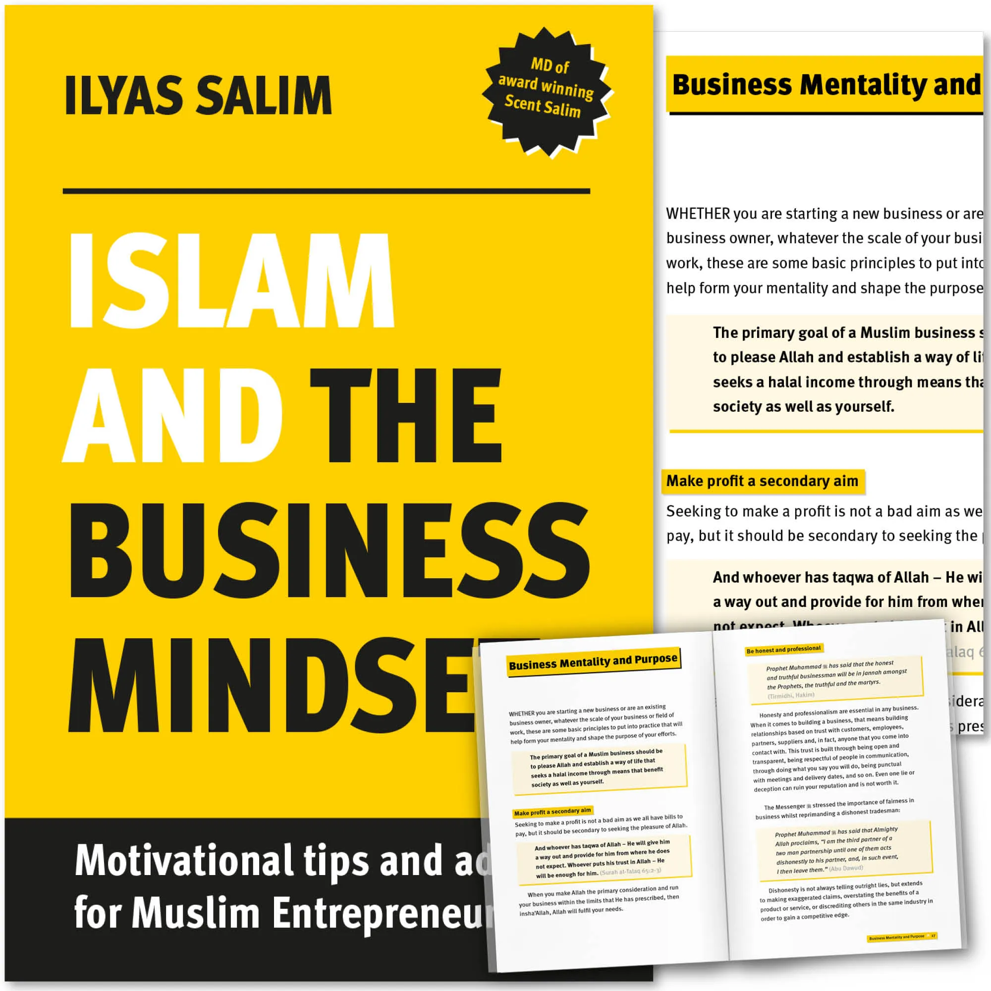 Front cover with Inner spread of Islam and the Business Mindset by Ilyas Salim. Islamic business handbook by Ta-Ha Publishers