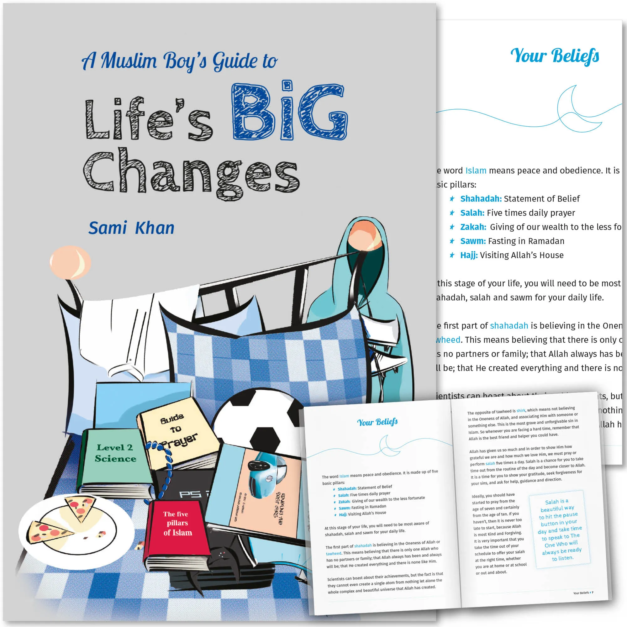Front cover with Inner spread of A Muslim Boy’s Guide to Life’s Big Changes by Sami Khan. Muslim boy’s puberty guide by Ta-Ha Publishers