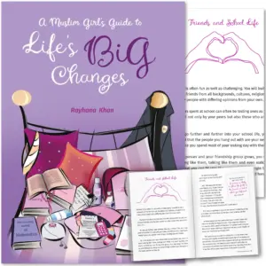 Front cover with Inner spread of A Muslim Girl’s Guide to Life’s Big Changes by Rayhana Khan. Muslim girl’s puberty guide by Ta-Ha Publishers