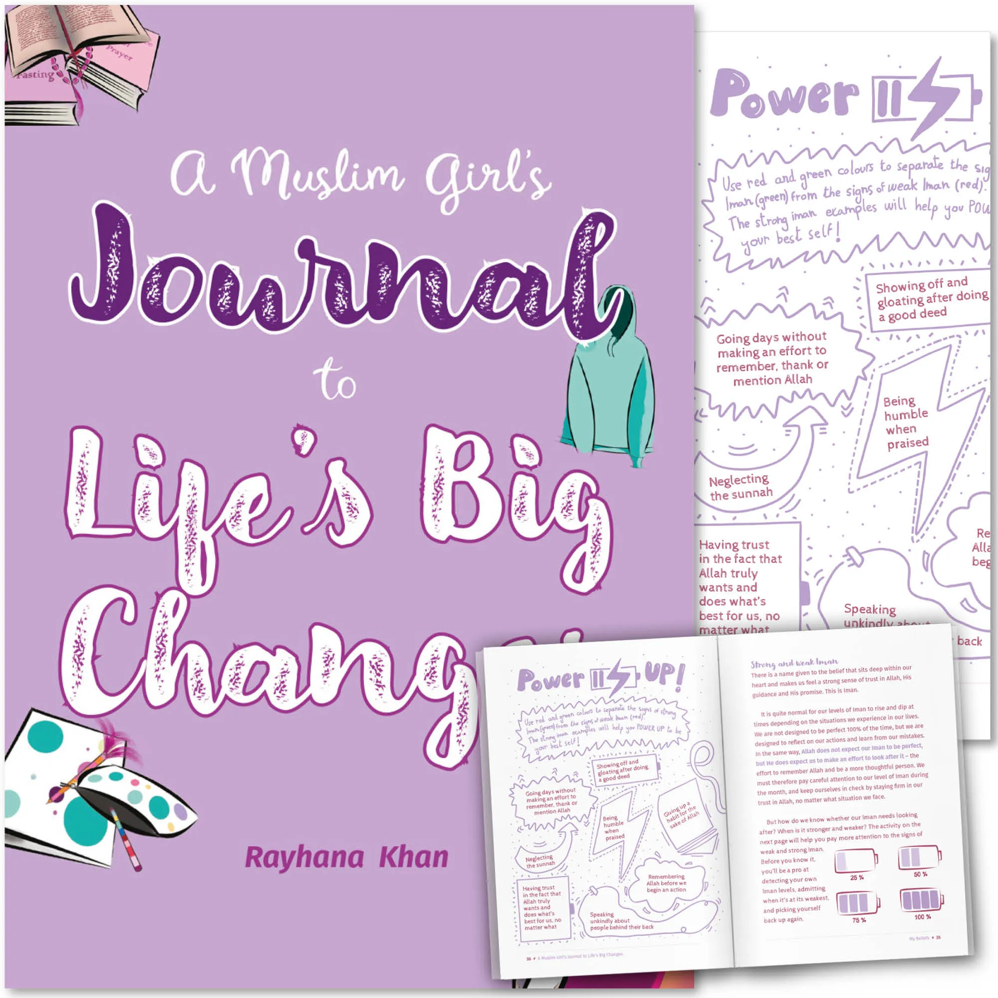 Front cover with Inner spread of A Muslim Girl’s Journal to Life’s Big Changes by Rayhana Khan. Pre-teen girls’ Islamic journal by Ta-Ha Publishers