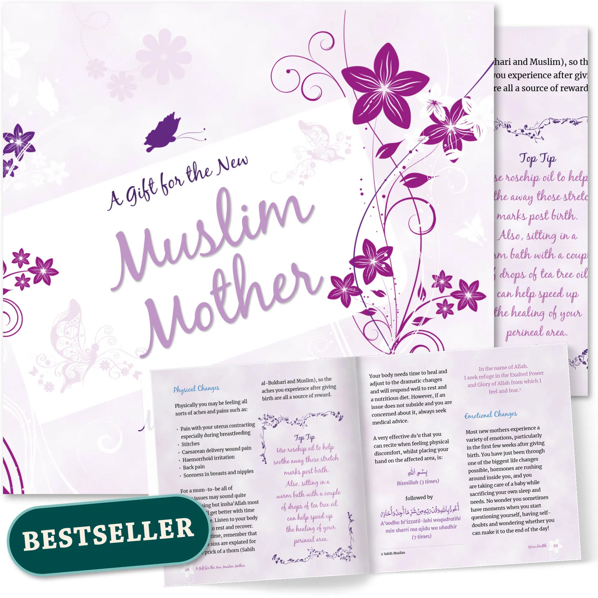Front cover with Inner spread of A Gift for the New Muslim Mother by Muneeba Zahid. Guide for new Muslim mother by Ta-Ha Publishers