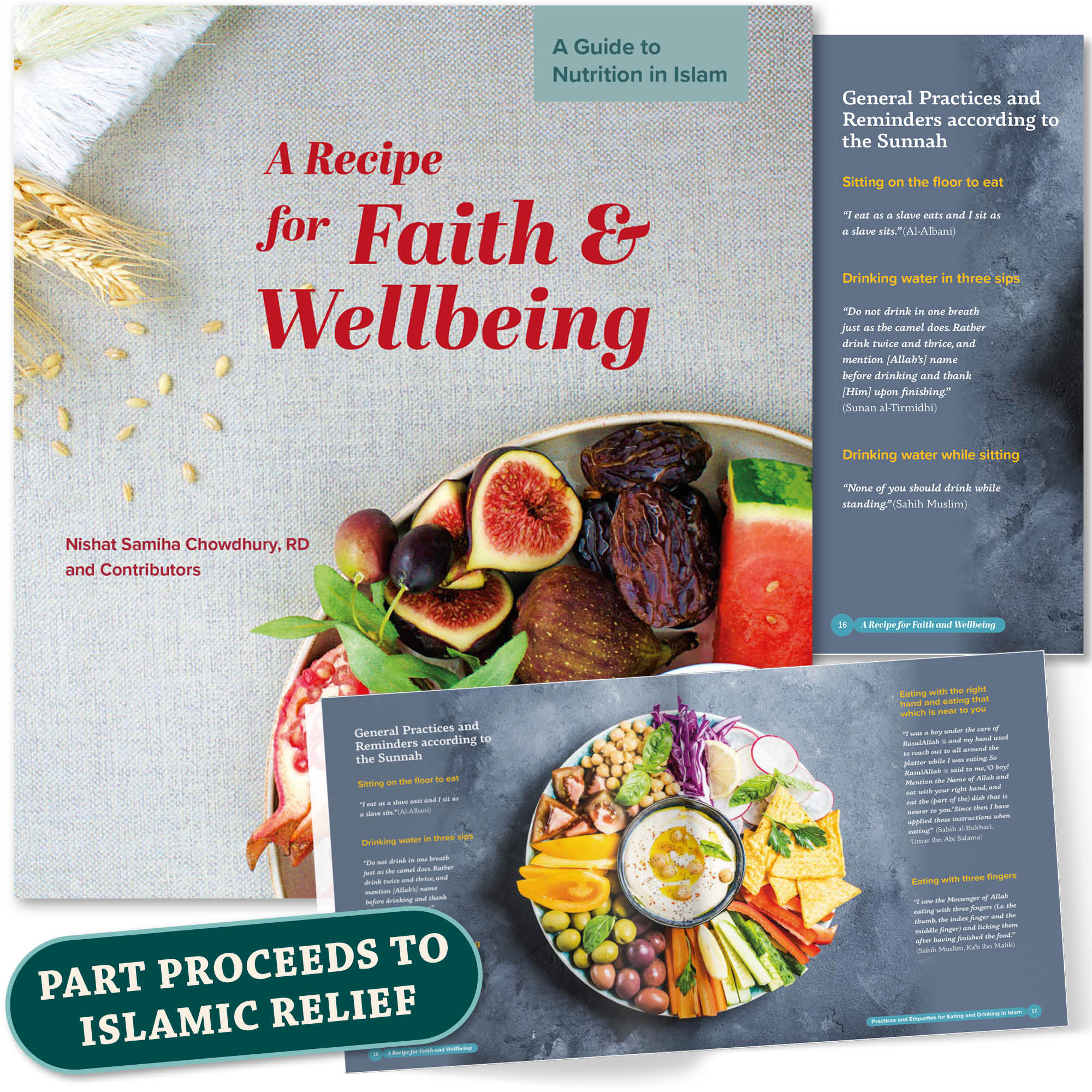 Front cover with Inner spread of A Recipe for Faith and Wellbeing by Nishat Chowdhury. Islamic nutrition guide by Ta-Ha Publishers