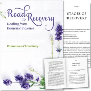 Front cover with Inner spread of Road to Recovery by Rahmanara Chowdhury. Domestic abuse guide for Muslim women by Ta-Ha Publishers