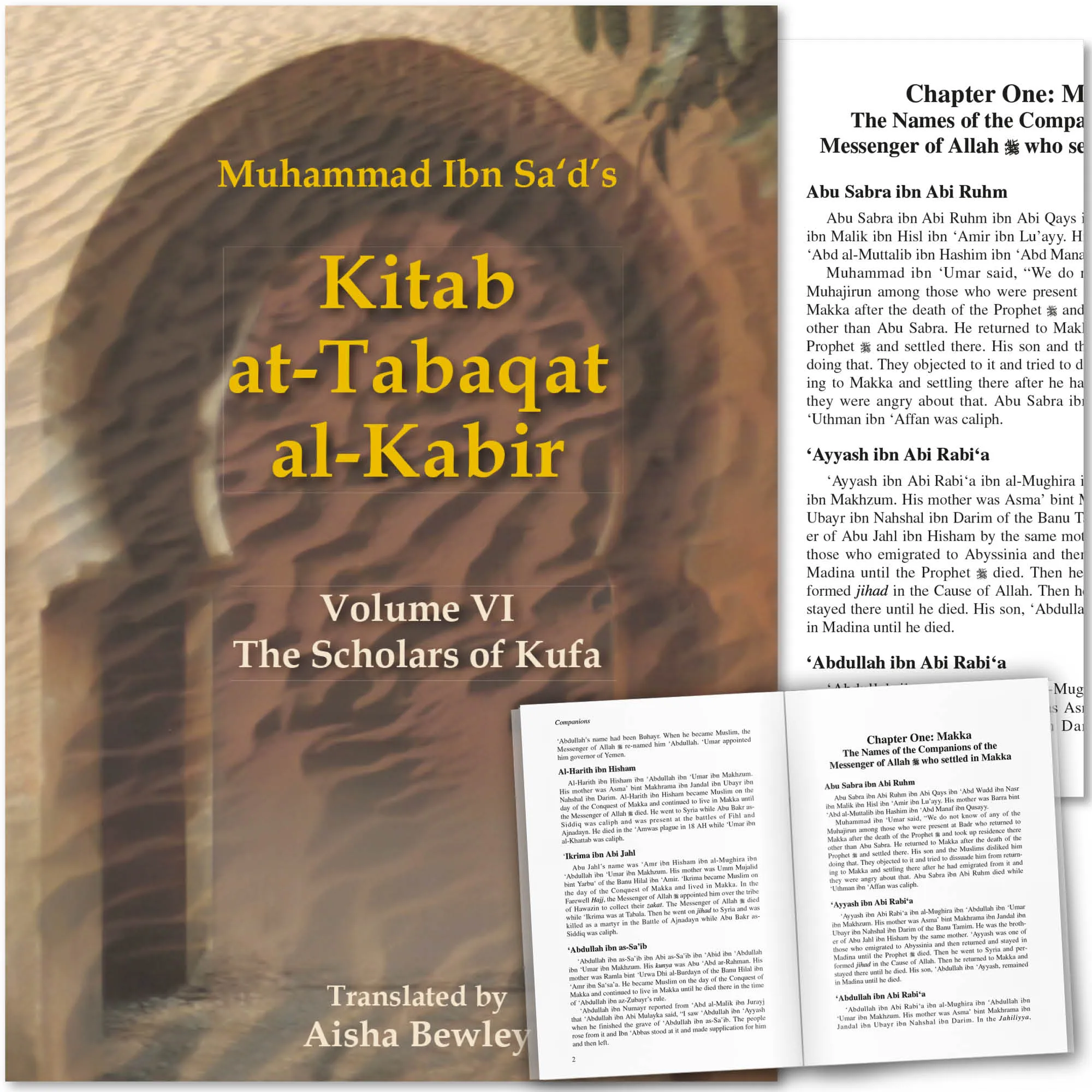 Front cover with Inner spread of The Scholars of Kufa by Muhammad Ibn Sa’d, Aisha Bewley. Kitab at-Tabaqat by Ta-Ha Publishers
