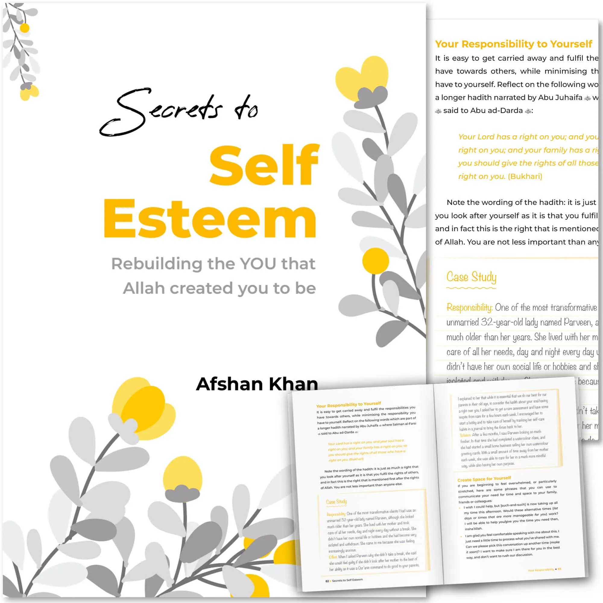 Front cover with Inner spread of Secrets to Self Esteem by Afshan Khan. Islamic self help book by Ta-Ha Publishers