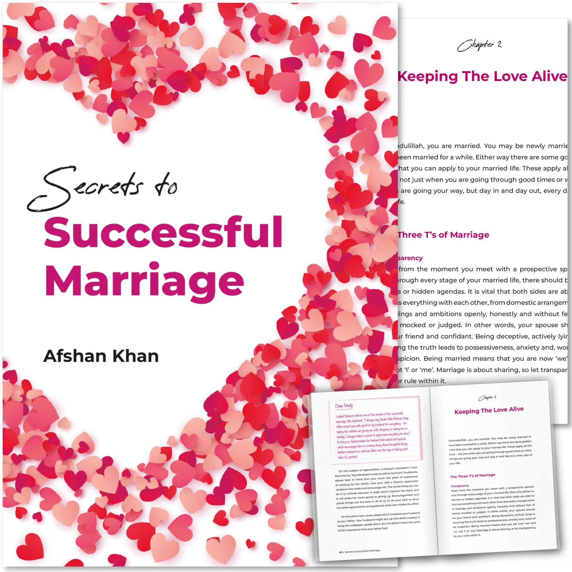 Front cover with Inner spread of Secrets to Successful Marriage by Afshan Khan. Islamic marriage guide by Ta-Ha Publishers