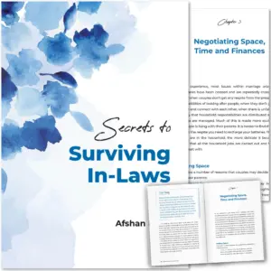 Front cover with Inner spread of Secrets to Surviving In-Laws by Afshan Khan. Islamic in-law guide by Ta-Ha Publishers