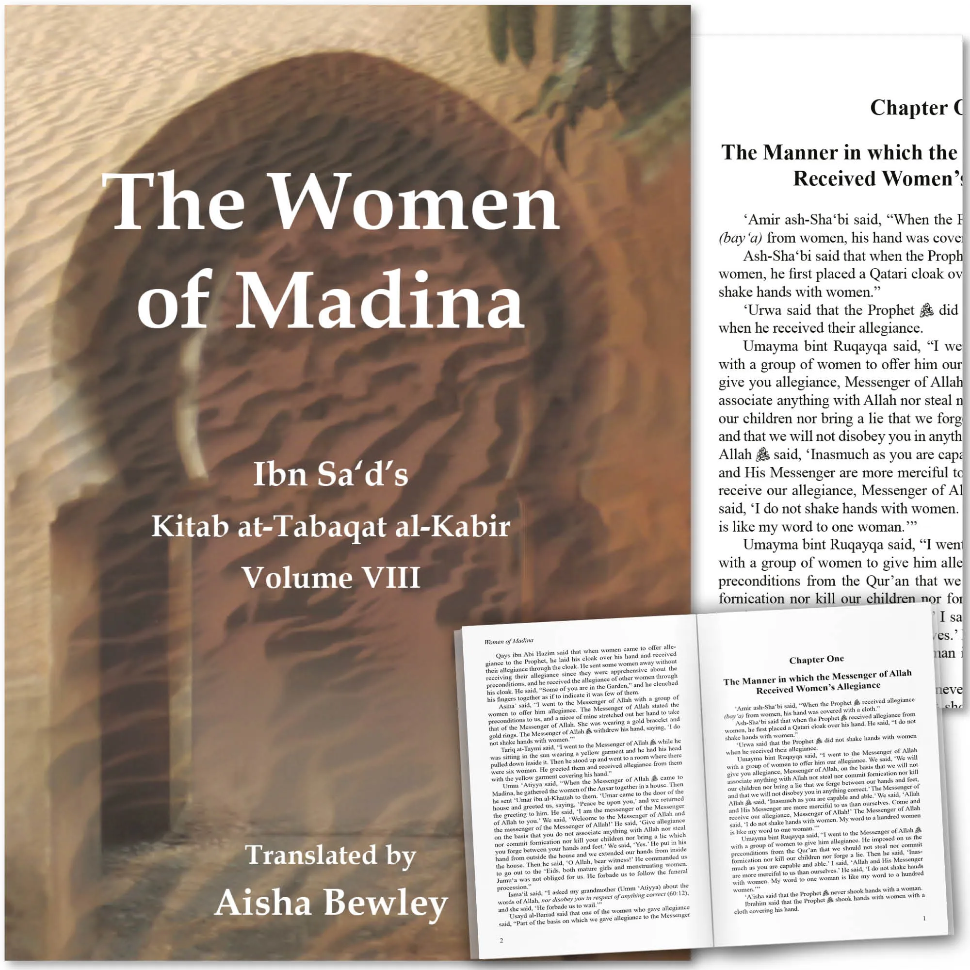 Front cover with Inner spread of The Women of Madina by Muhammad Ibn Sa’d, Aisha Bewley. Kitab at-Tabaqat by Ta-Ha Publishers