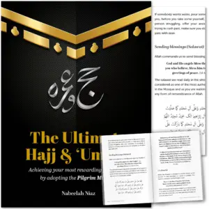 Front cover with Inner spread of The Ultimate Hajj & ‘Umrah by Nabeelah Niaz. Mindful pilgrimage handbook by Ta-Ha Publishers
