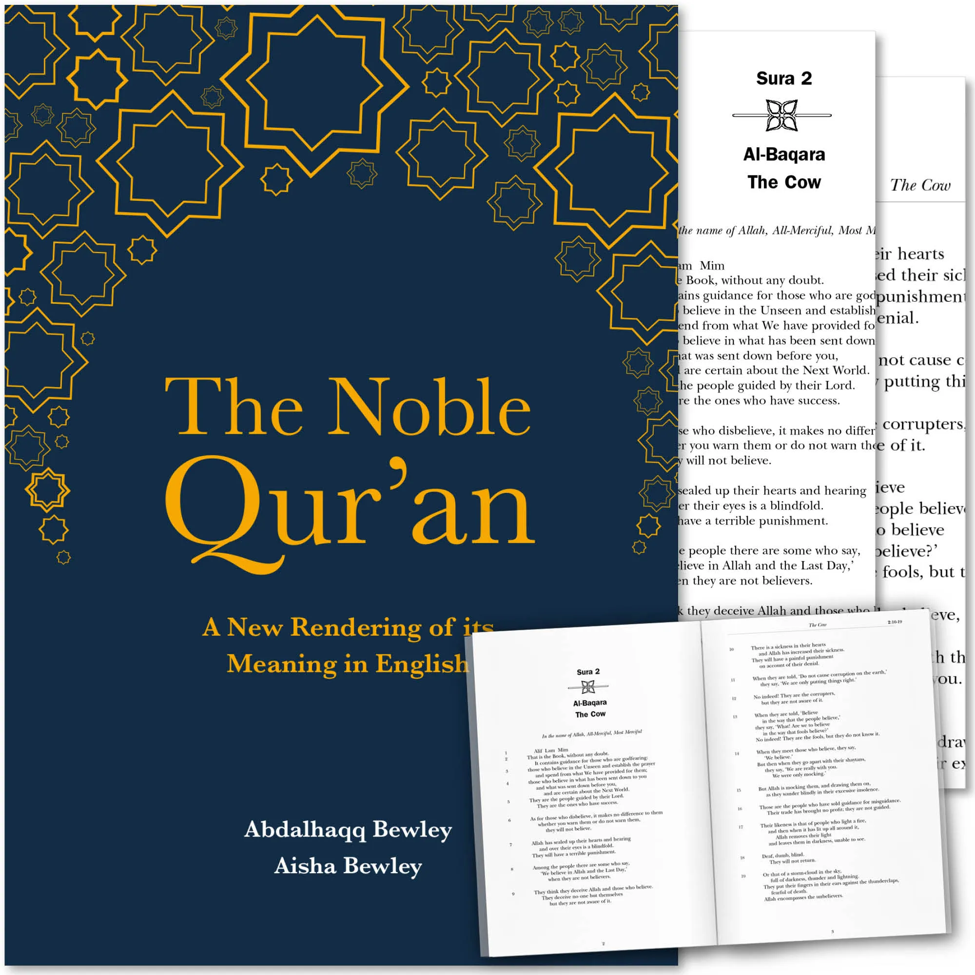 Front cover with Inside Pages spread of The Noble Qur’an by Abdalhaqq & Aisha Bewley. English Qur’an translation by Ta-Ha Publishers