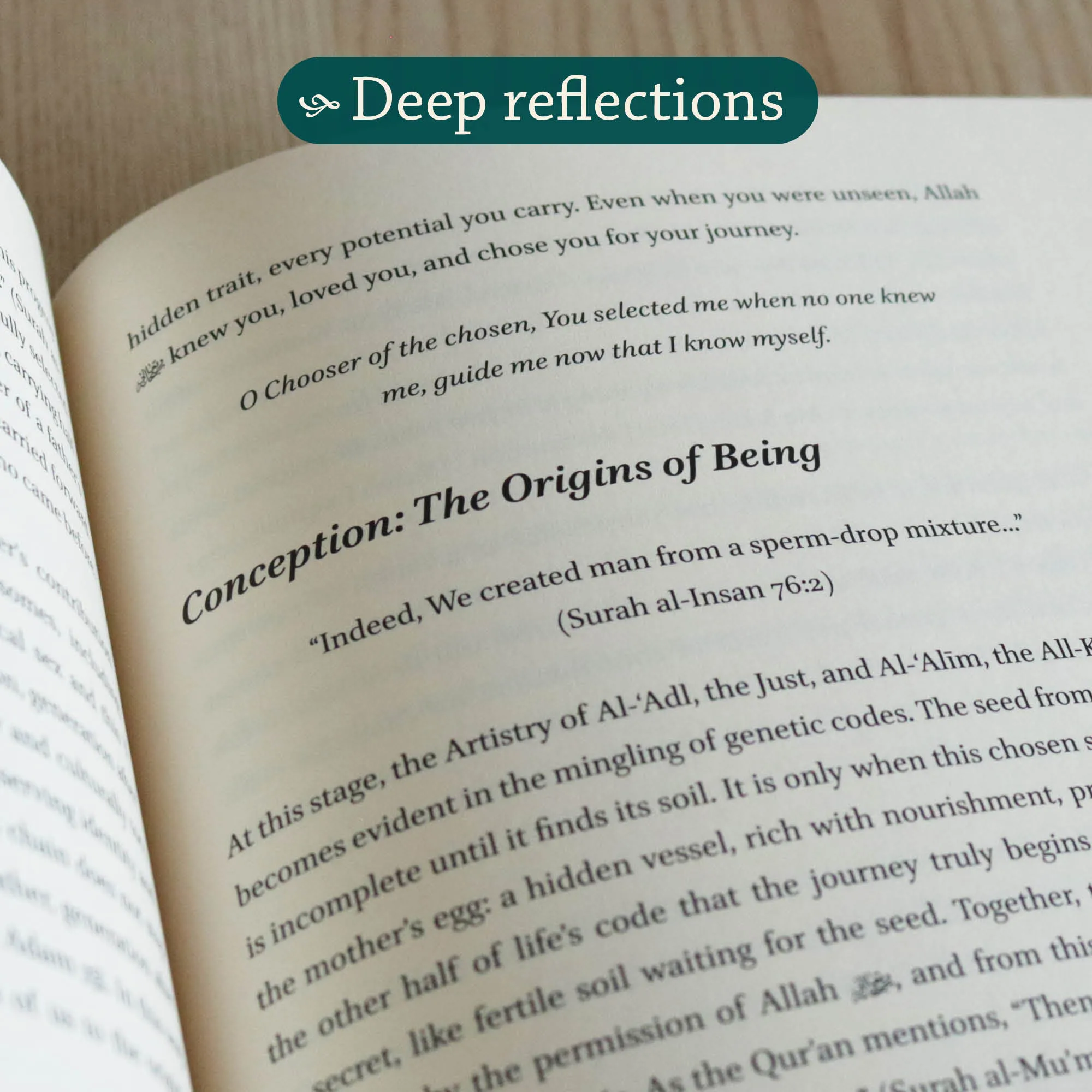 Page close up of Human: The Secret Within | Muhammad Haider Khan Lodhi. Islamic guide to human purpose by Ta-Ha Publishers