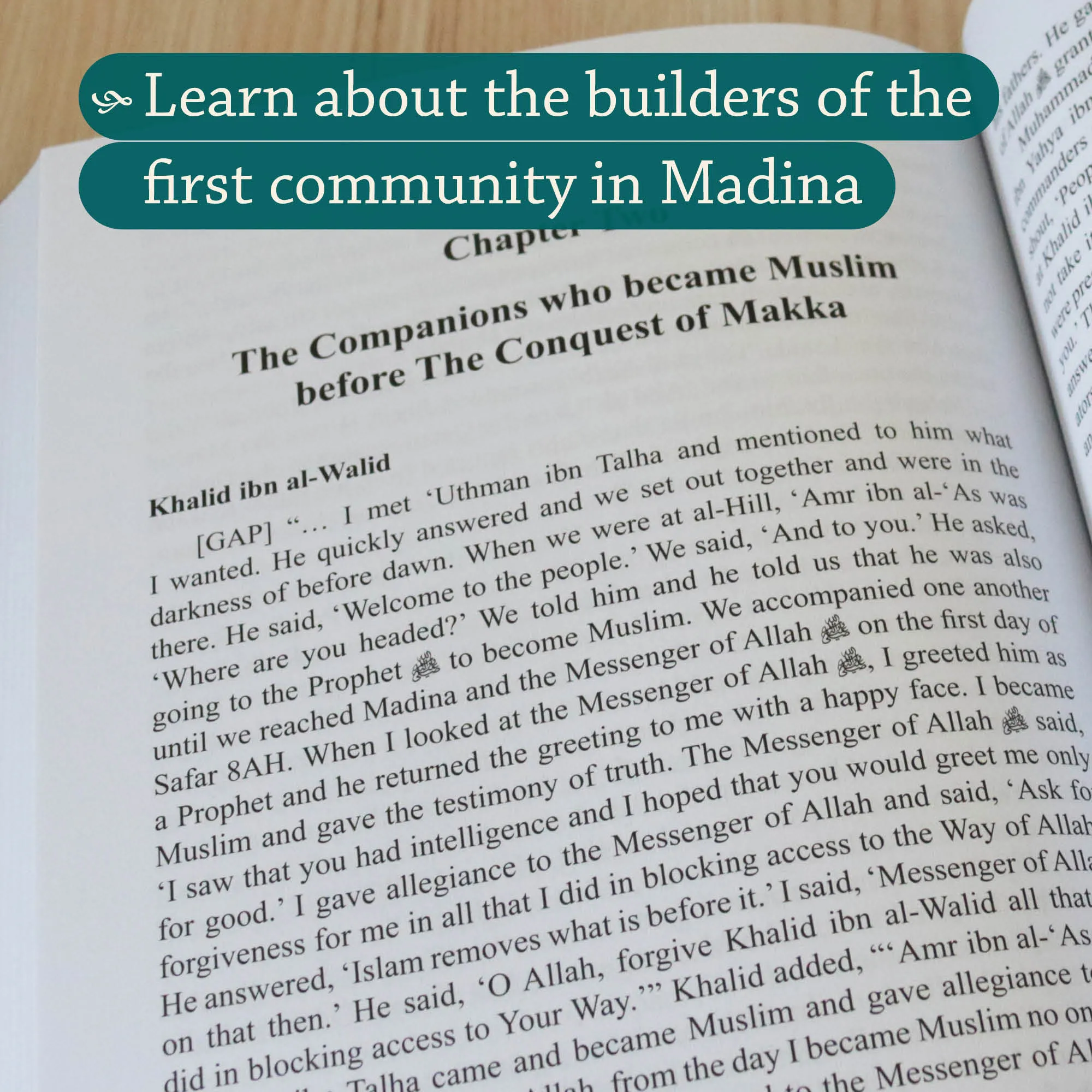 Inner spread of The Men of Madina I by Muhammad Ibn Sa’d, Aisha Bewley. Kitab at-Tabaqat by Ta-Ha Publishers