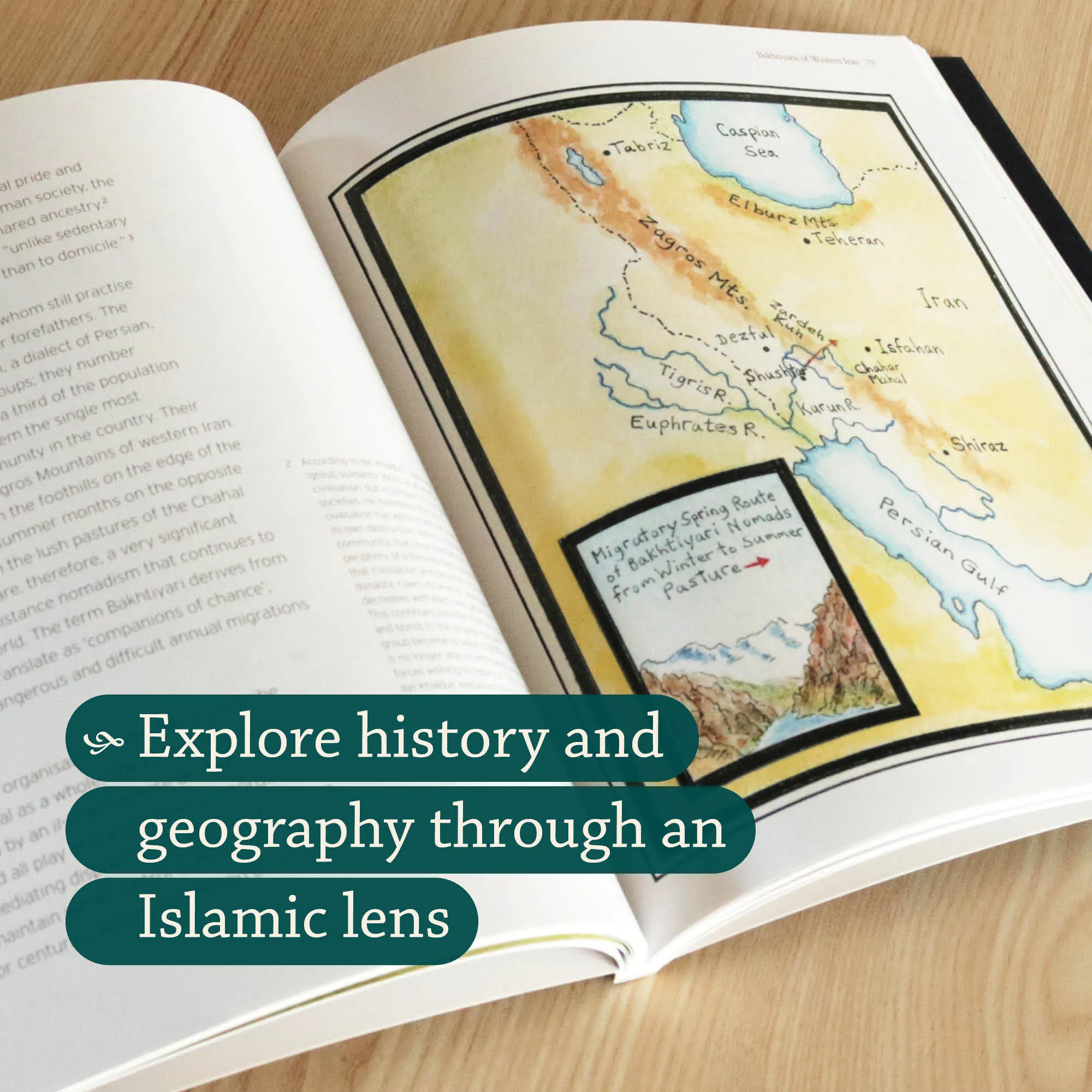 Inner spread with map of Encounters with Muslim Nomads by Luqman Nagy. Islamic history and geography book by Ta-Ha Publishers
