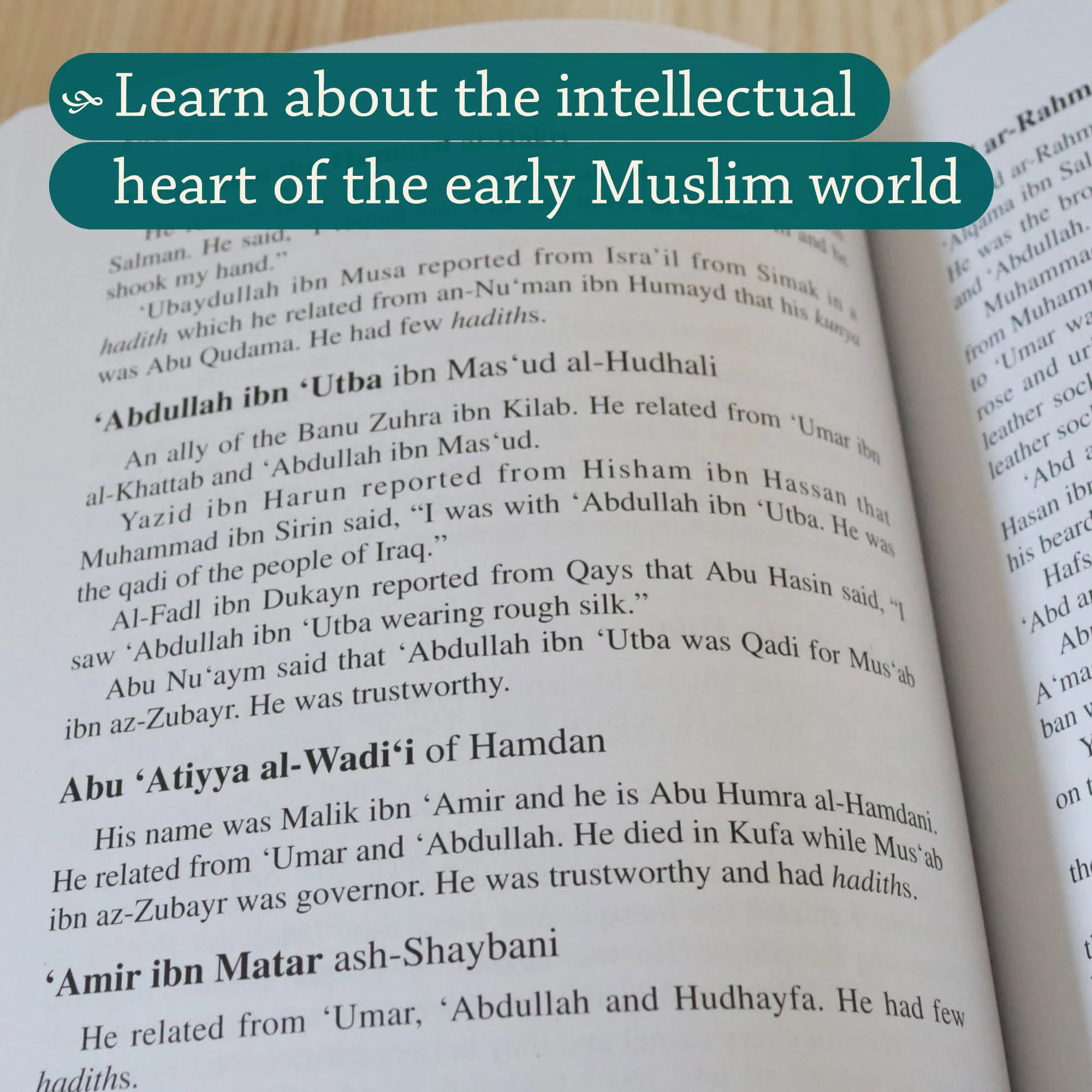 Inner spread of The Scholars of Kufa by Muhammad Ibn Sa’d, Aisha Bewley. Kitab at-Tabaqat by Ta-Ha Publishers