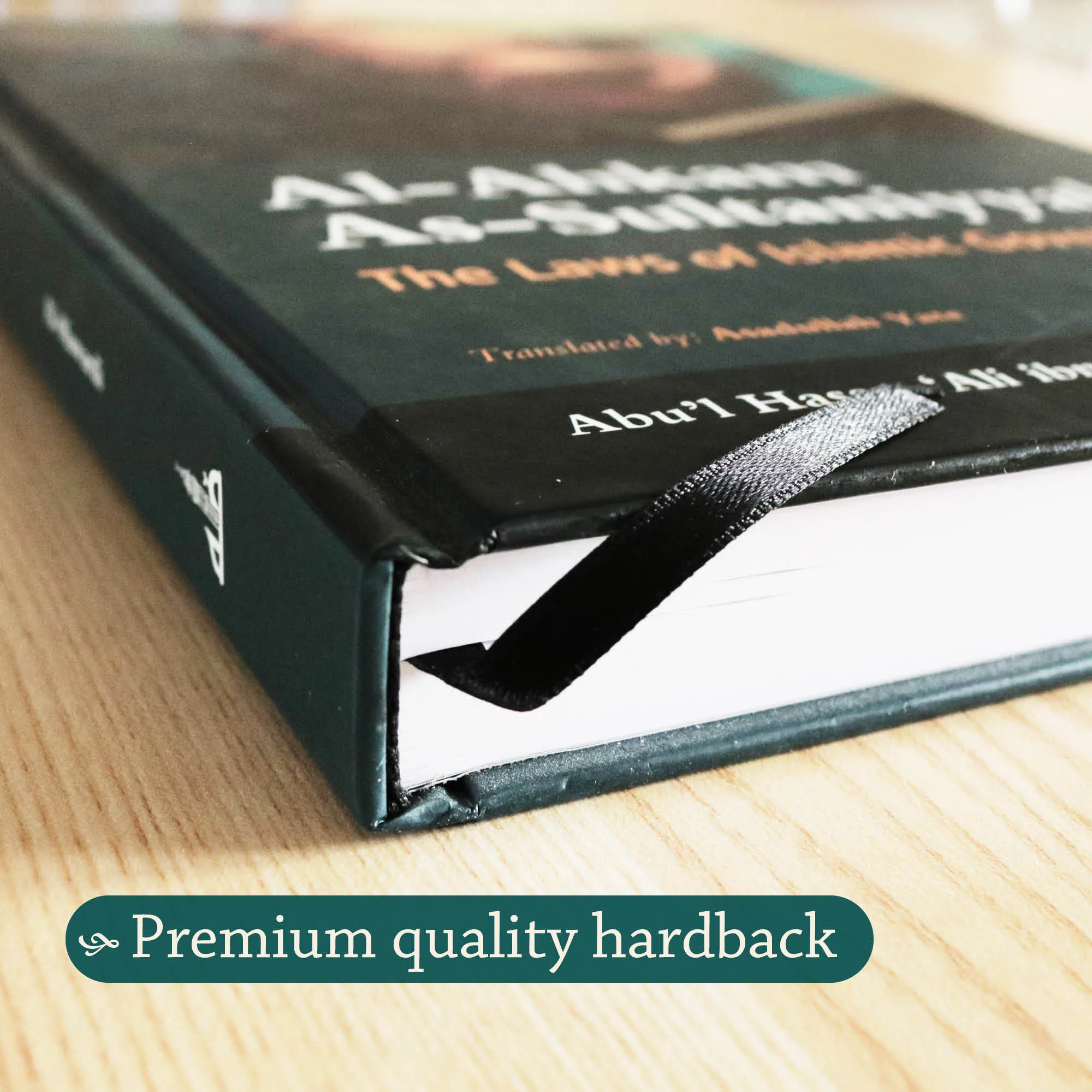 Spine detail of Al Ahkam As-Sultaniyyah by Abu’l Hasan ‘Ali al-Mawardi, Dr Asadullah Yate. Islamic governance book by Ta-Ha Publishers