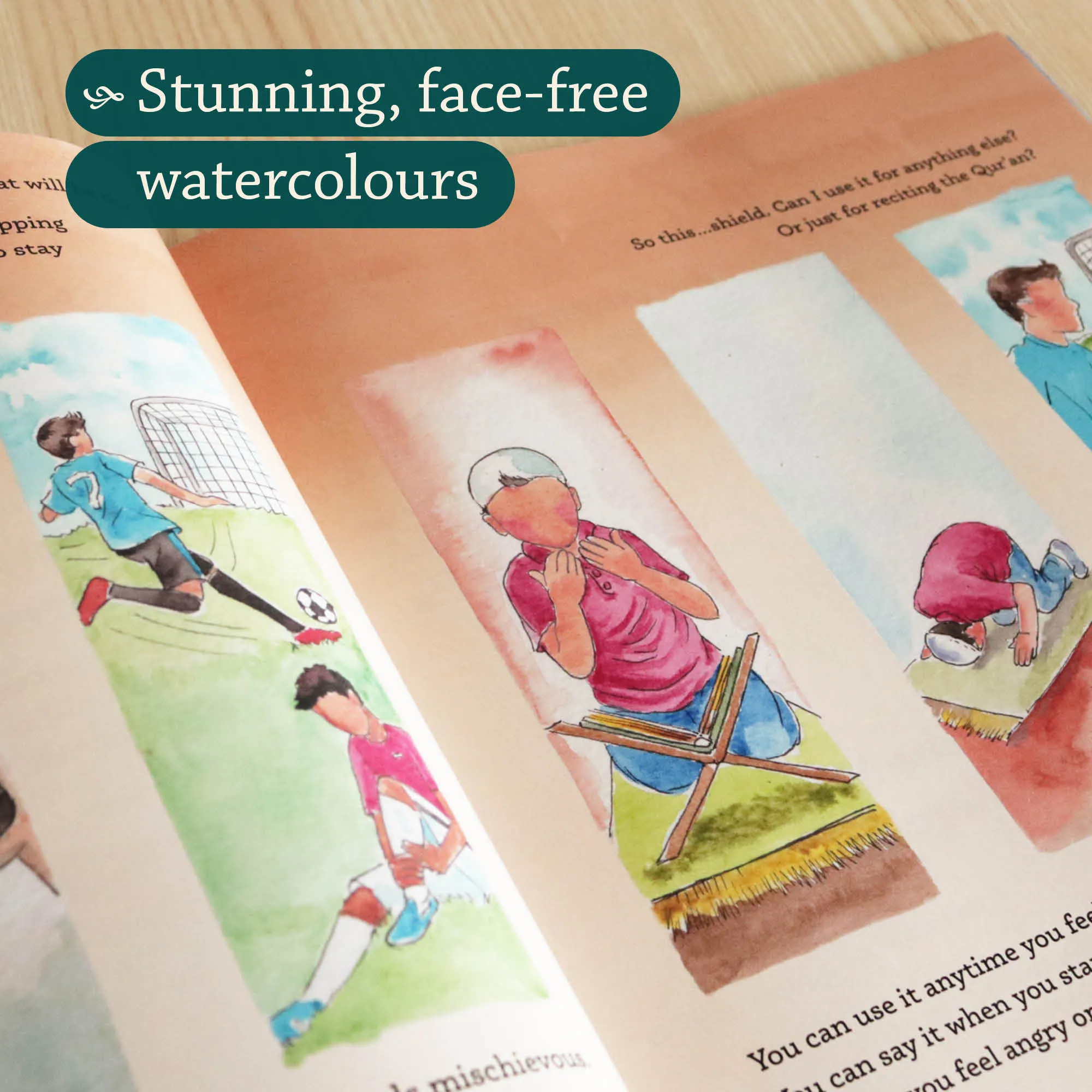 face-free watercolours of Surah Al-Fatihah by Faisal Malik. Children’s Fatihah tafsir by Ta-Ha Publishers
