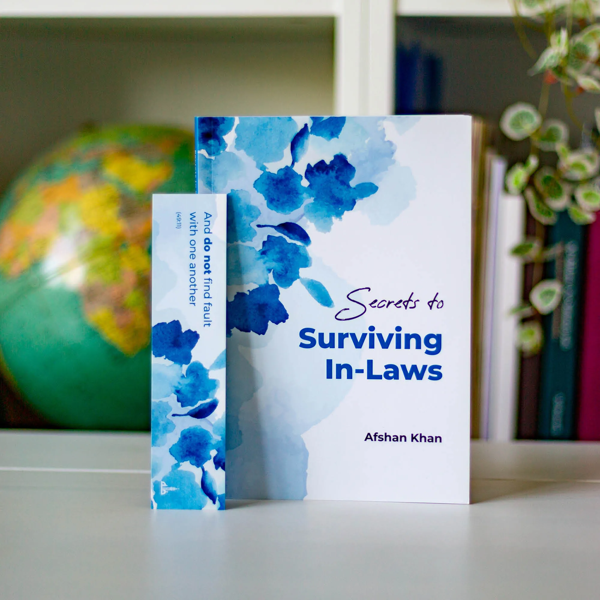 Upright book in library of Secrets to Surviving In-Laws by Afshan Khan. Islamic in-law guide by Ta-Ha Publishers