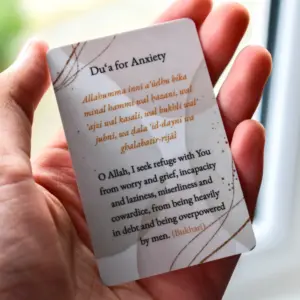 Back of Du'a For Anxiety Card by Ta-Ha Publishers. Plastic wallet du'a card